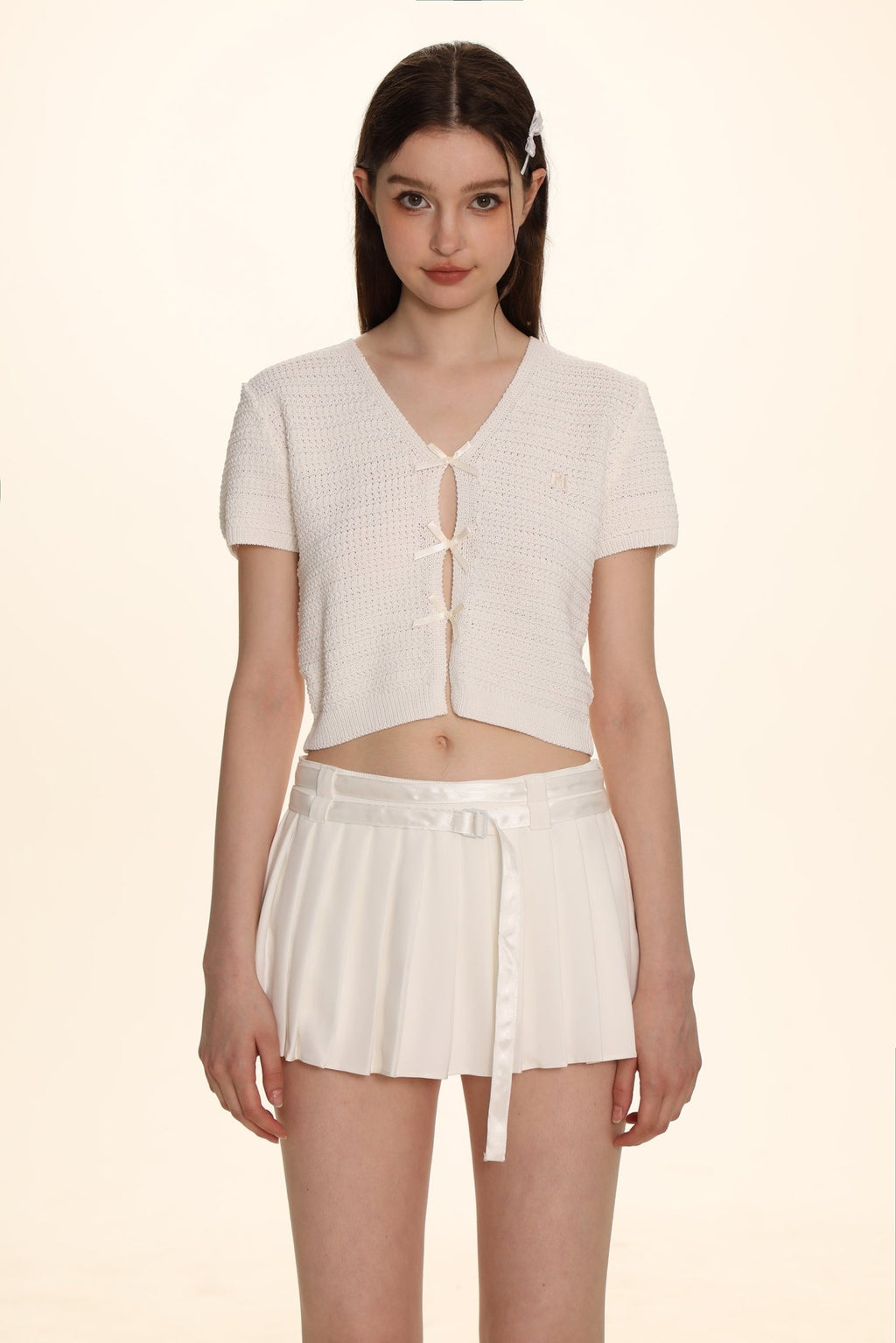 Bow Ribbon Knitted Short Sleeve Cardigan - COPPING THREADS - MOROMORO