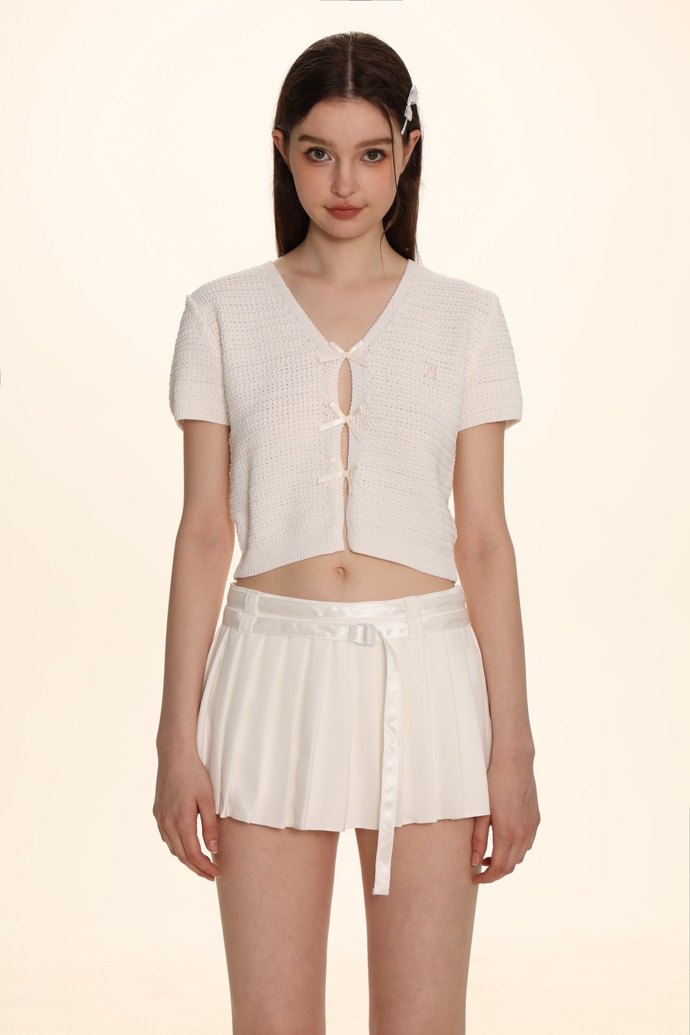 Bow Ribbon Knitted Short Sleeve Cardigan - COPPING THREADS - MOROMORO