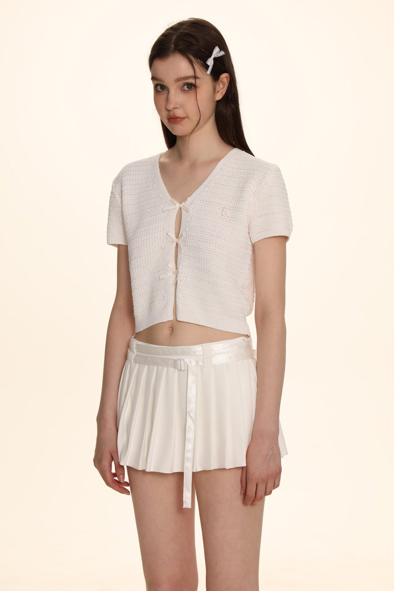 Bow Ribbon Knitted Short Sleeve Cardigan - COPPING THREADS - MOROMORO
