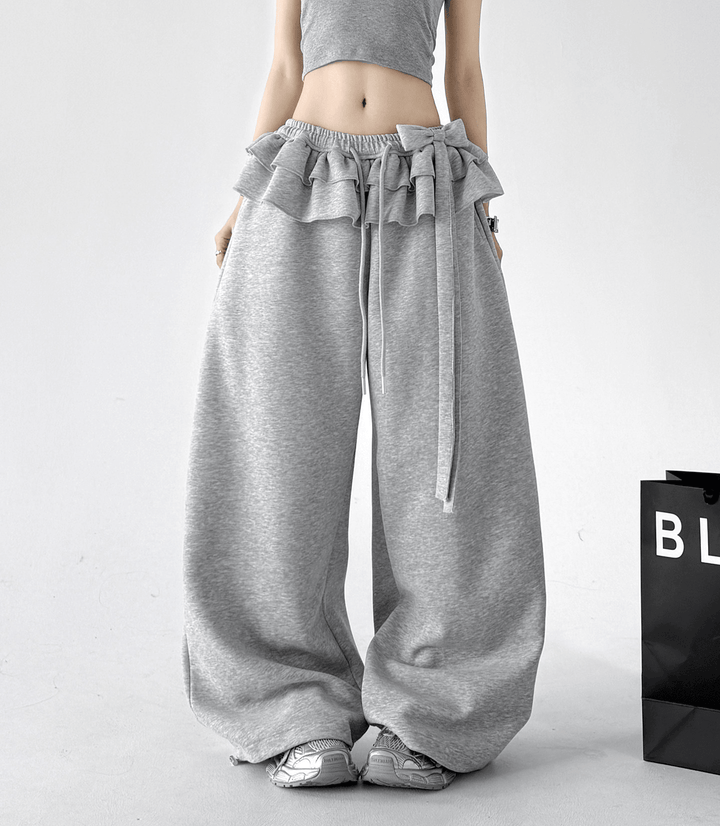 Bow Ruffle Waist Wide-Leg Sweatpants - CT6670