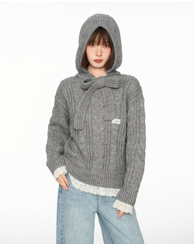 Bow - Tie Hooded Knit Sweater - COPPING THREADS - CT Select Hover Image