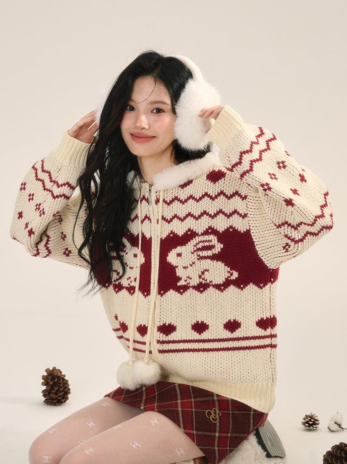 Bunny Pattern Hooded Zip - Up Knit Sweater - COPPING THREADS - CT Select
