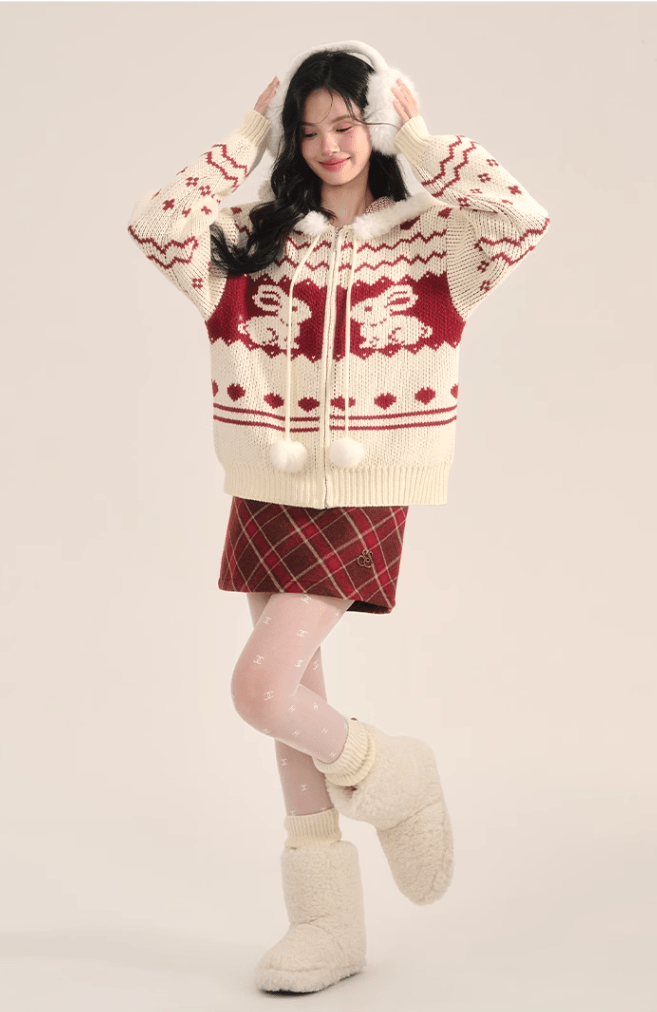 Bunny Pattern Hooded Zip - Up Knit Sweater - COPPING THREADS - CT Select