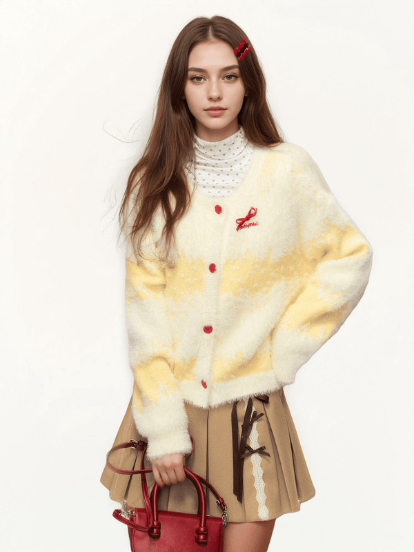 Butterfly Bow Ombre Stripe Fuzzy Knit Cardigan - COPPING THREADS - CHICISLAND