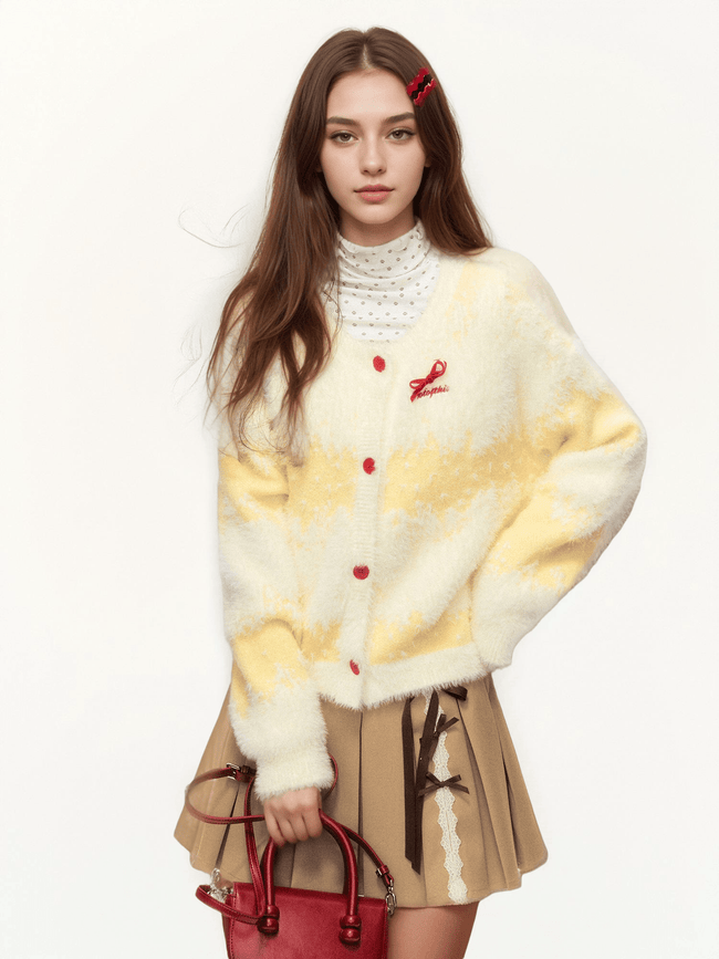 Butterfly Bow Ombre Stripe Fuzzy Knit Cardigan - COPPING THREADS - CHICISLAND Hover Image