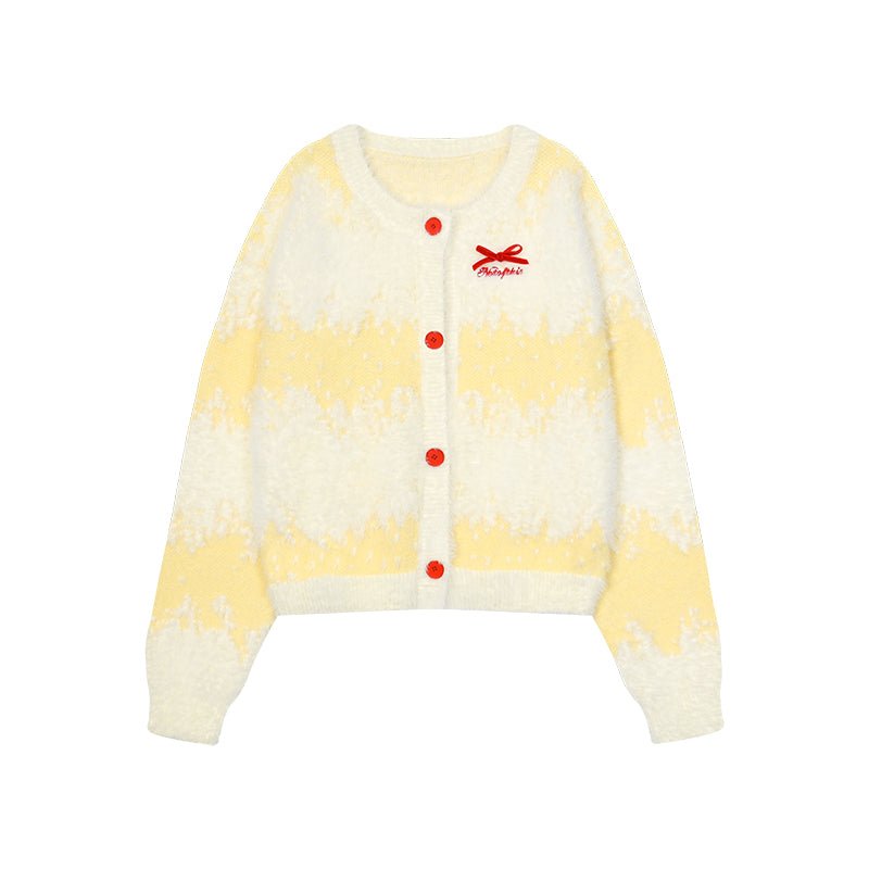 Butterfly Bow Ombre Stripe Fuzzy Knit Cardigan - COPPING THREADS - CHICISLAND