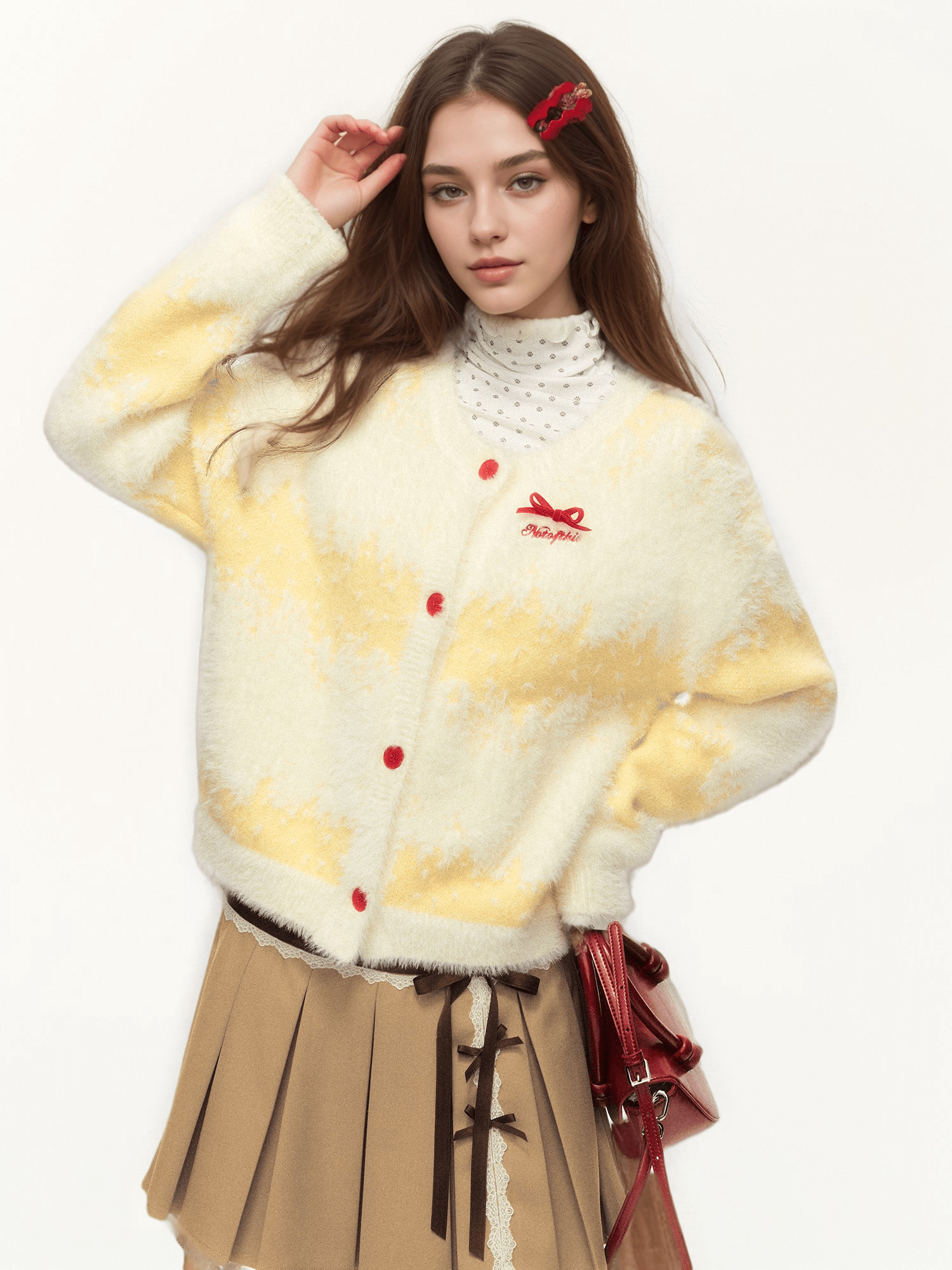 Flauschige Strickjacke mit Schmetterlingsschleife und Ombre-Streifen Zweitbild