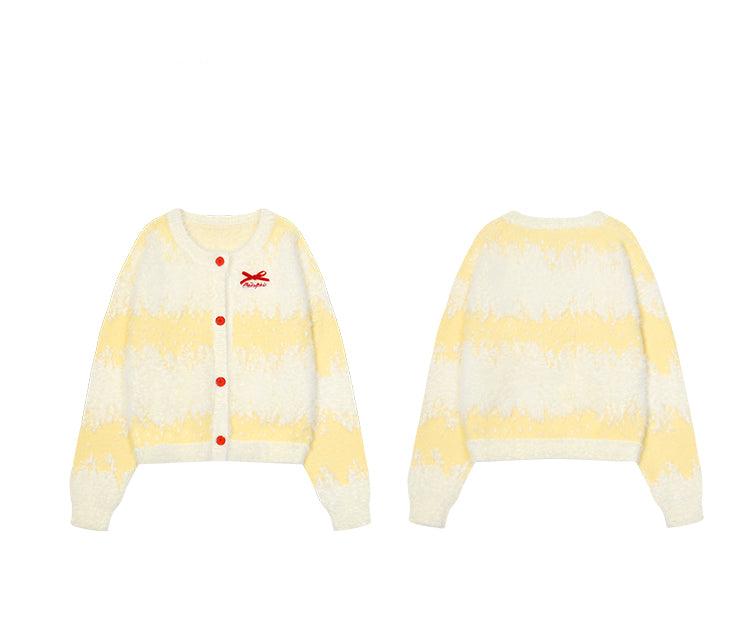 Butterfly Bow Ombre Stripe Fuzzy Knit Cardigan - COPPING THREADS - CHICISLAND