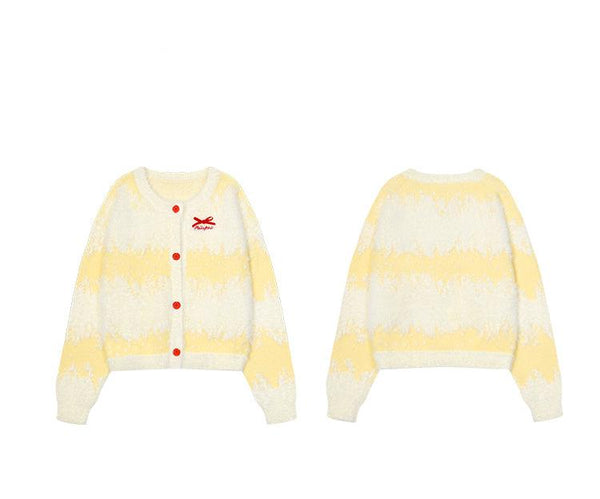 Butterfly Bow Ombre Stripe Fuzzy Knit Cardigan - COPPING THREADS - CHICISLAND