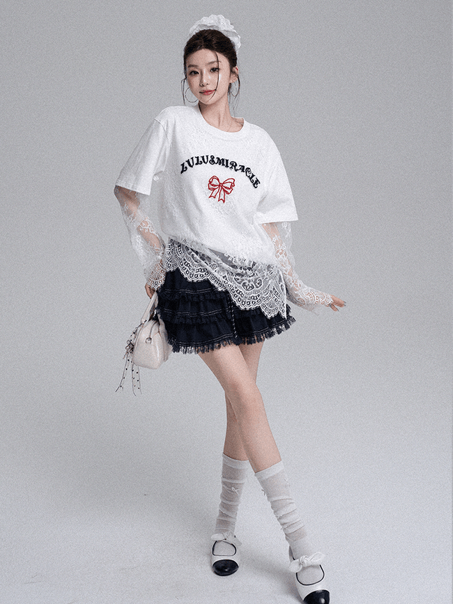 Butterfly Effect Lace Layered T-Shirt & Ruffle Skirt Set Main Image