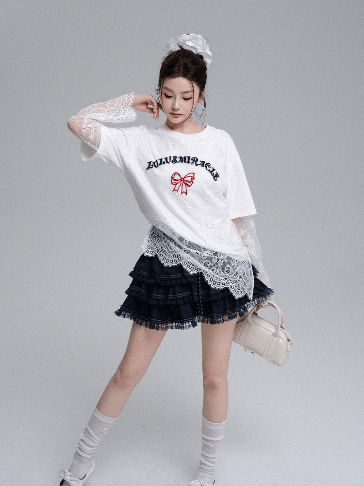 Butterfly Effect Lace Layered T-Shirt & Ruffle Skirt Set - COPPING THREADS - LulusMiracle