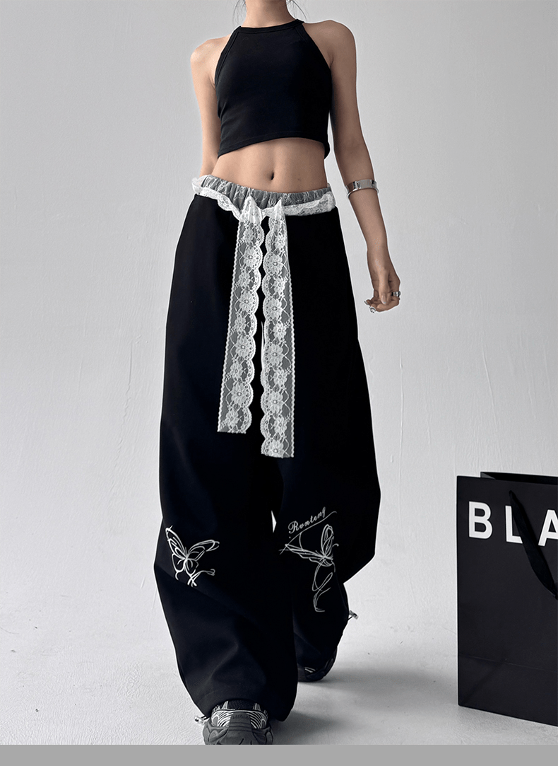 Butterfly Embroidered Lace - Trim Wide Leg Pants - COPPING THREADS - CT Select