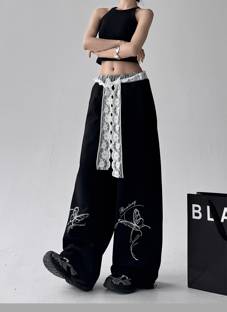 Butterfly Embroidered Lace - Trim Wide Leg Pants - COPPING THREADS - CT Select