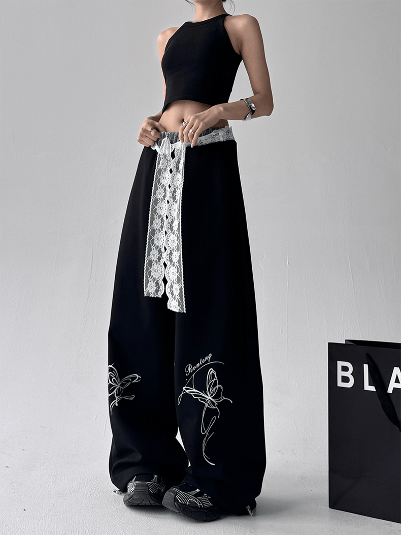 Butterfly Embroidered Lace - Trim Wide Leg Pants - COPPING THREADS - CT Select