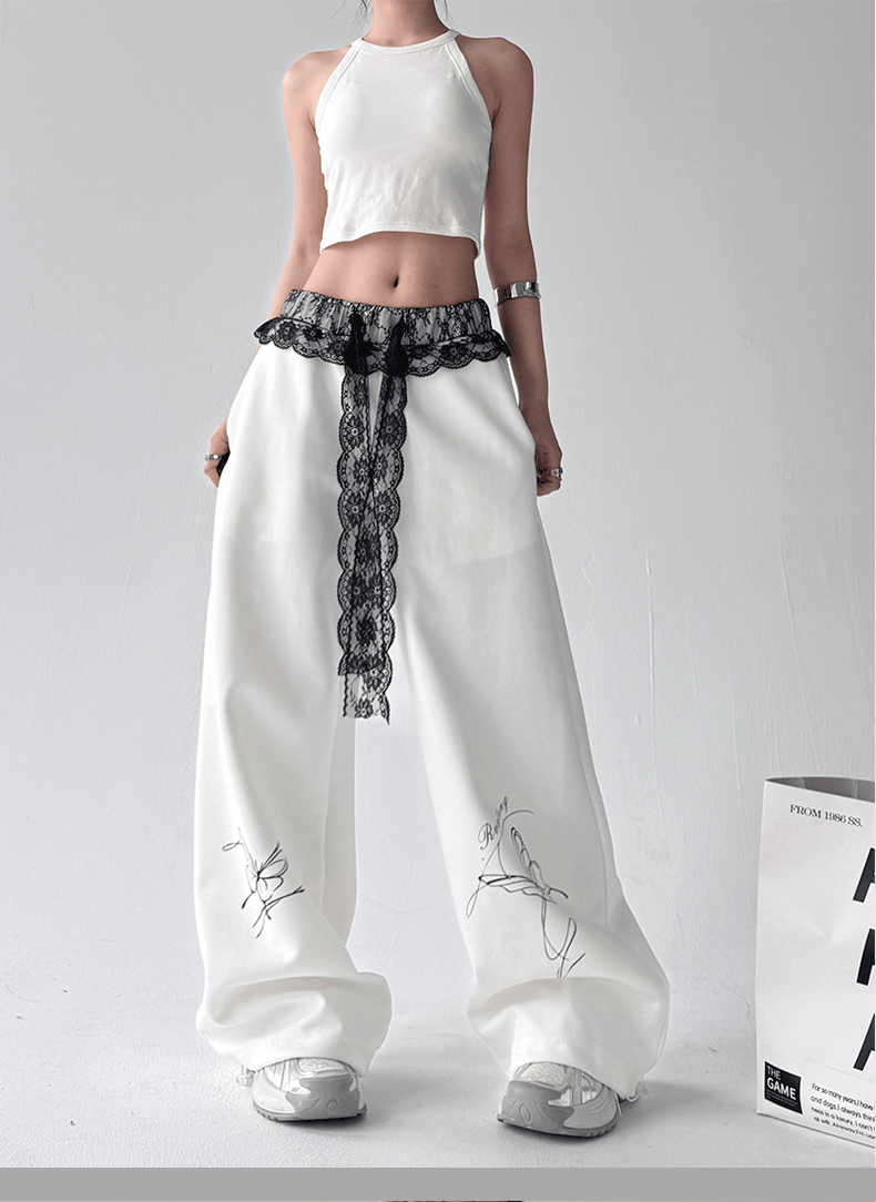 Butterfly Embroidered Lace - Trim Wide Leg Pants - COPPING THREADS - CT Select