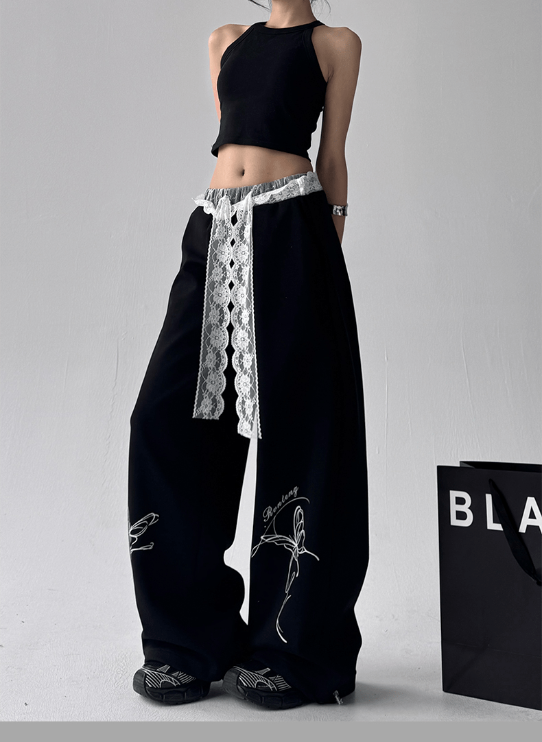 Butterfly Embroidered Lace - Trim Wide Leg Pants - COPPING THREADS - CT Select