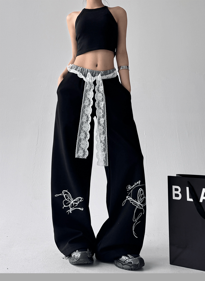 Butterfly Embroidered Lace - Trim Wide Leg Pants - COPPING THREADS - CT Select
