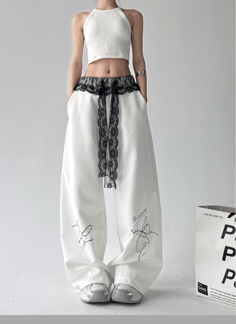 Butterfly Embroidered Lace - Trim Wide Leg Pants - COPPING THREADS - CT Select