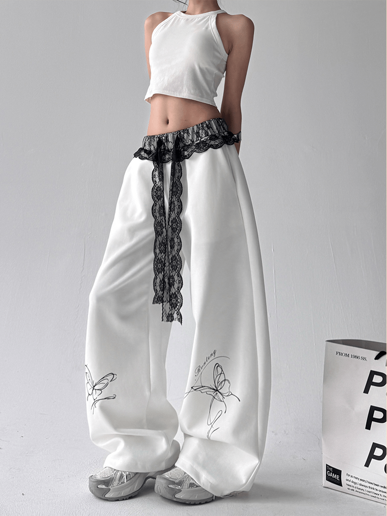 Butterfly Embroidered Lace - Trim Wide Leg Pants - COPPING THREADS - CT Select