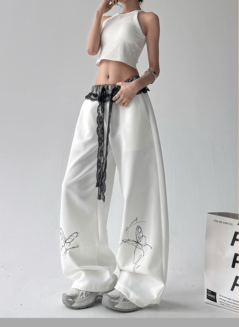 Butterfly Embroidered Lace - Trim Wide Leg Pants - COPPING THREADS - CT Select