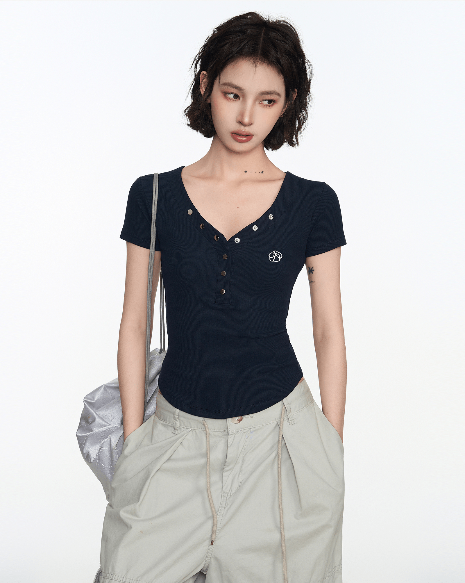 Button V-Neck Fitted Tee Secondary image