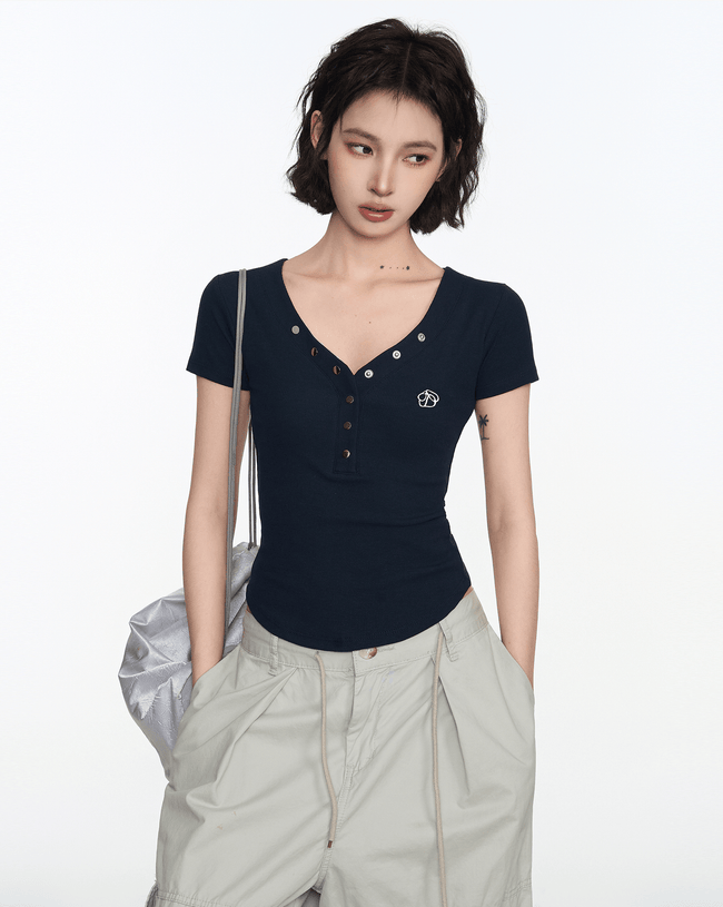 Button V-Neck Fitted Tee Main Image