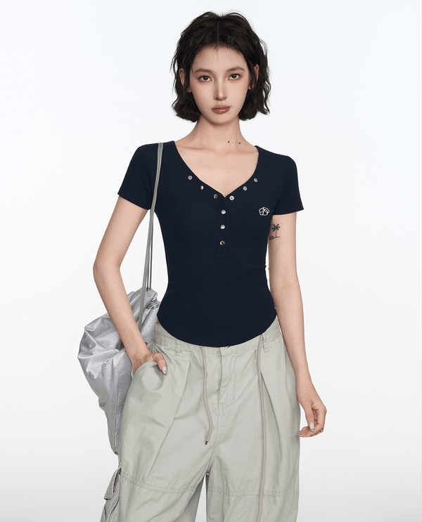 Button V - Neck Fitted Tee - COPPING THREADS - CT Select