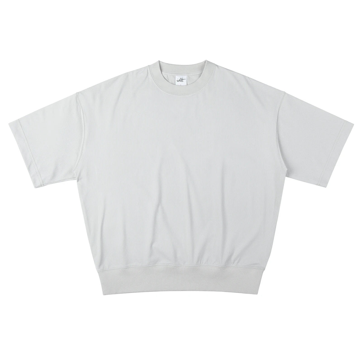 IDLT short sleeve sweatshirt, light gray front.
