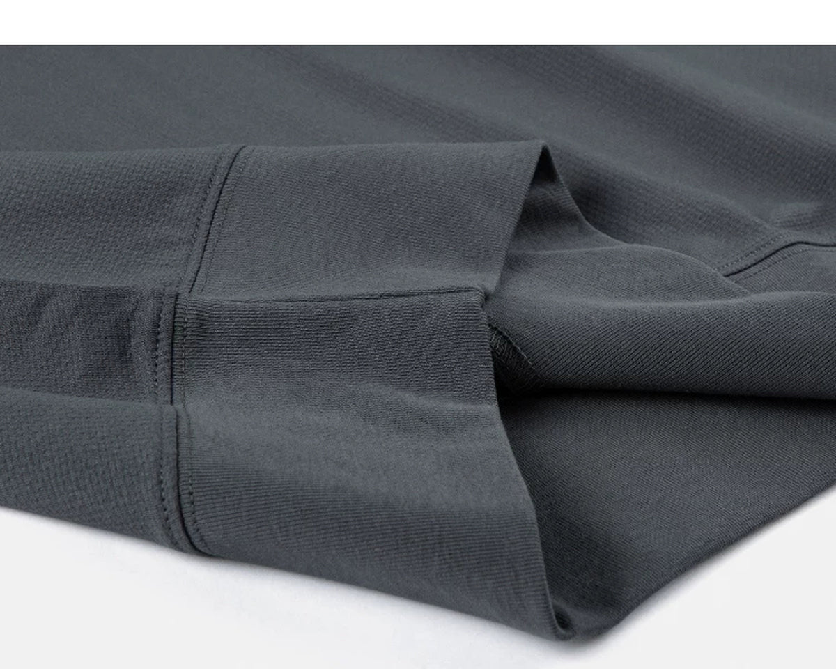 IDLT short sleeve sweatshirt, dark gray ribbed hem.