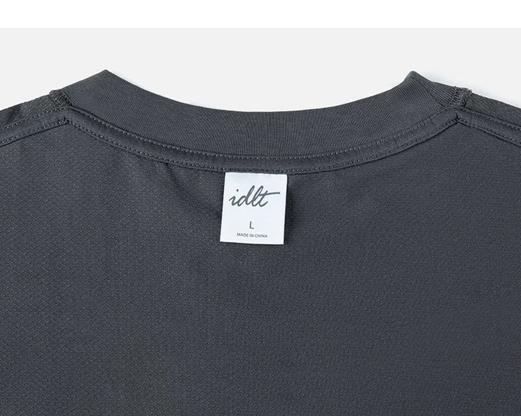 IDLT short sleeve sweatshirt, dark gray back neckline with label.