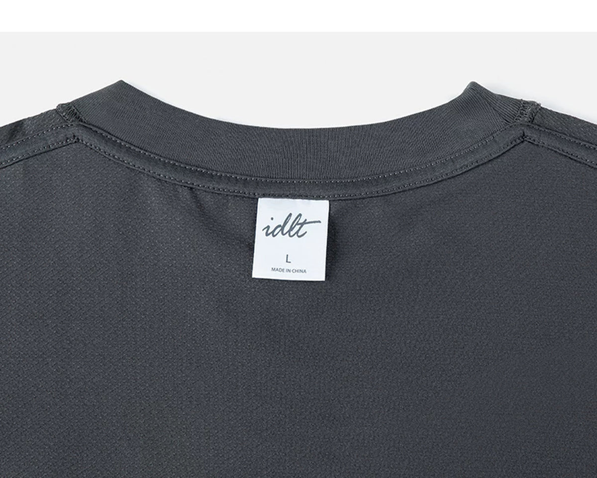 IDLT short sleeve sweatshirt, dark gray back neckline with label.