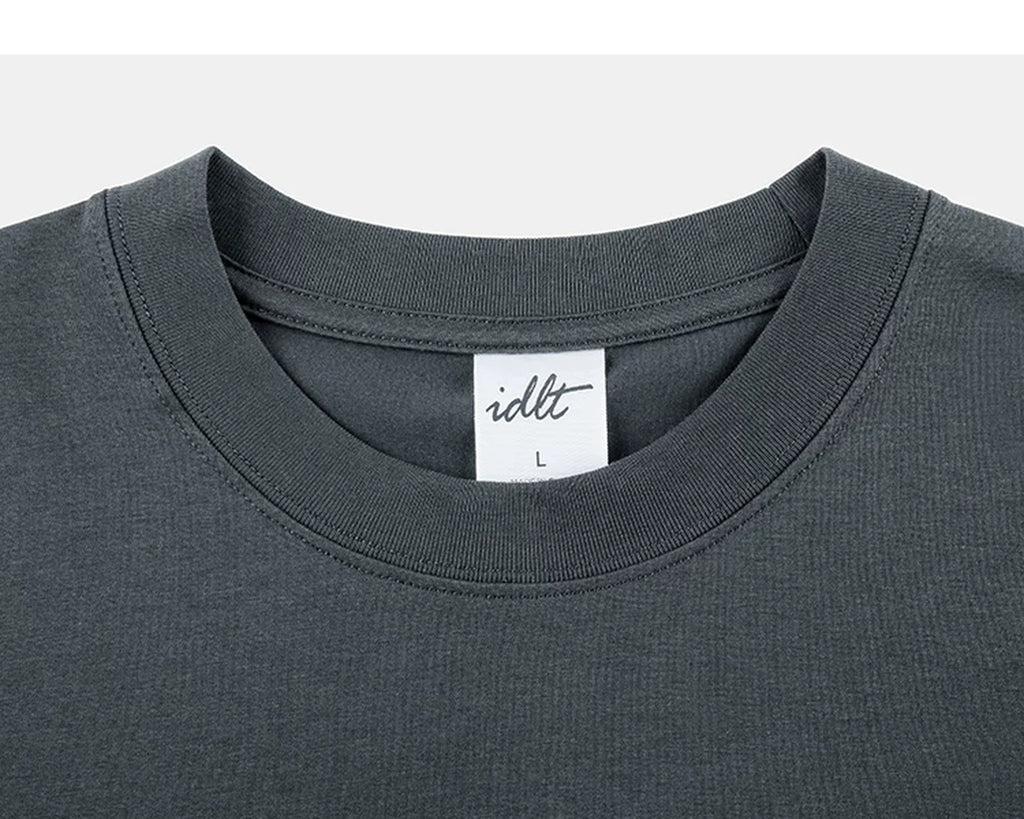 IDLT T-shirt, dark gray crewneck.