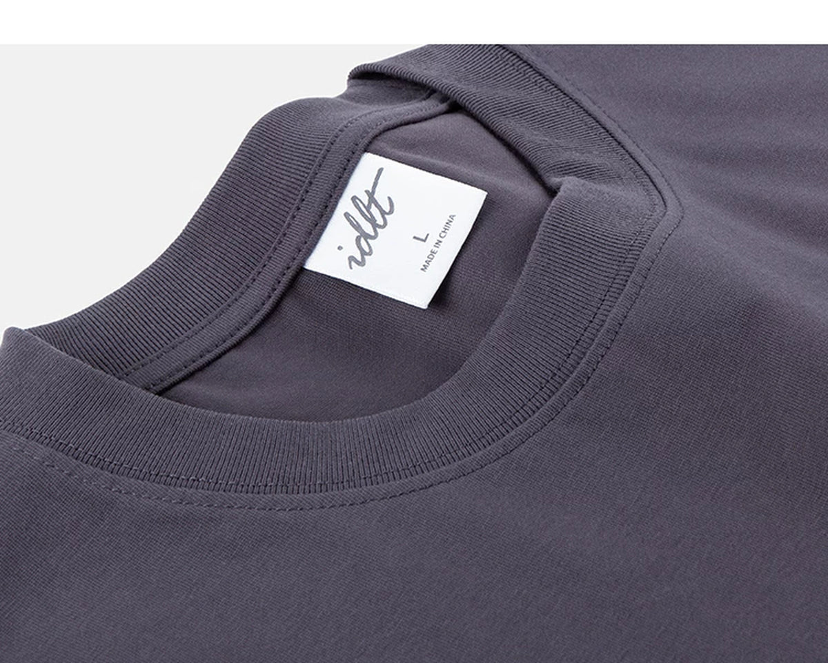 IDLT T-shirt, gray purple neckline and label.