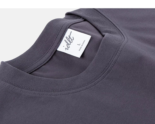 IDLT T-shirt, gray purple neckline and label.