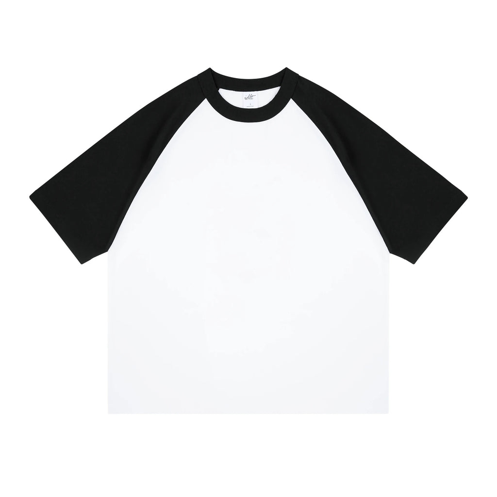 IDLT raglan T-shirt, black and white front.
