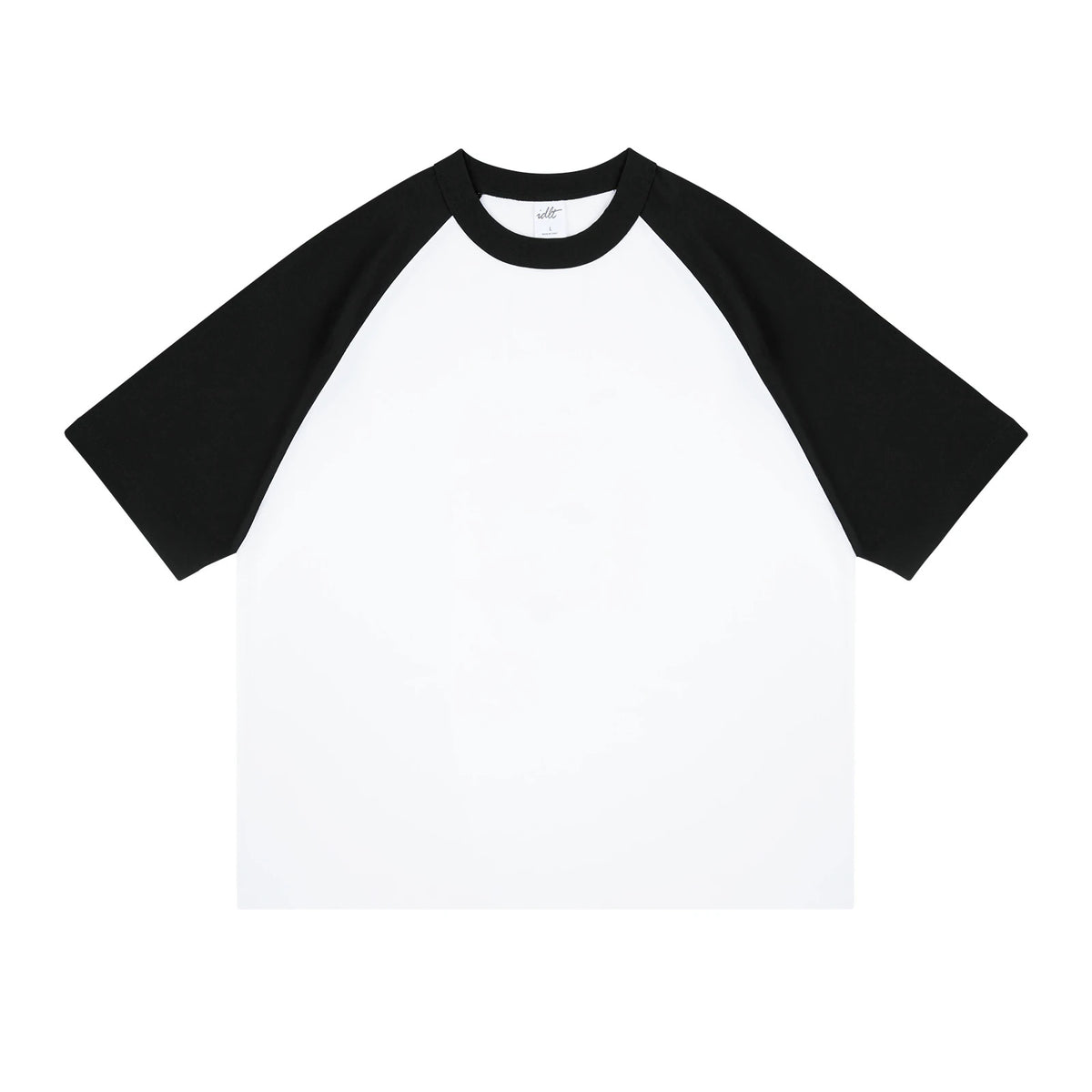 IDLT raglan T-shirt, black and white front.
