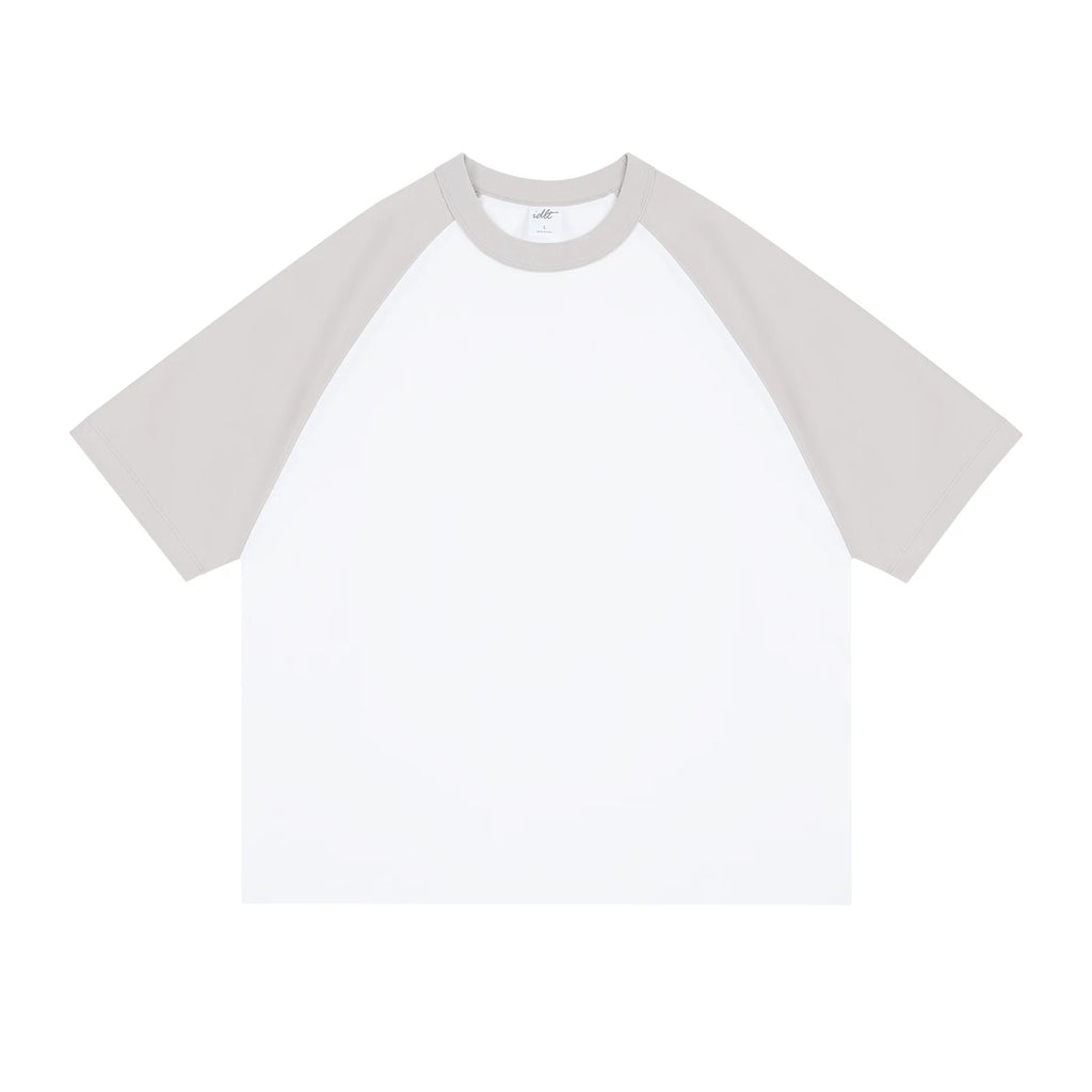 IDLT raglan T-shirt, gray and white front.