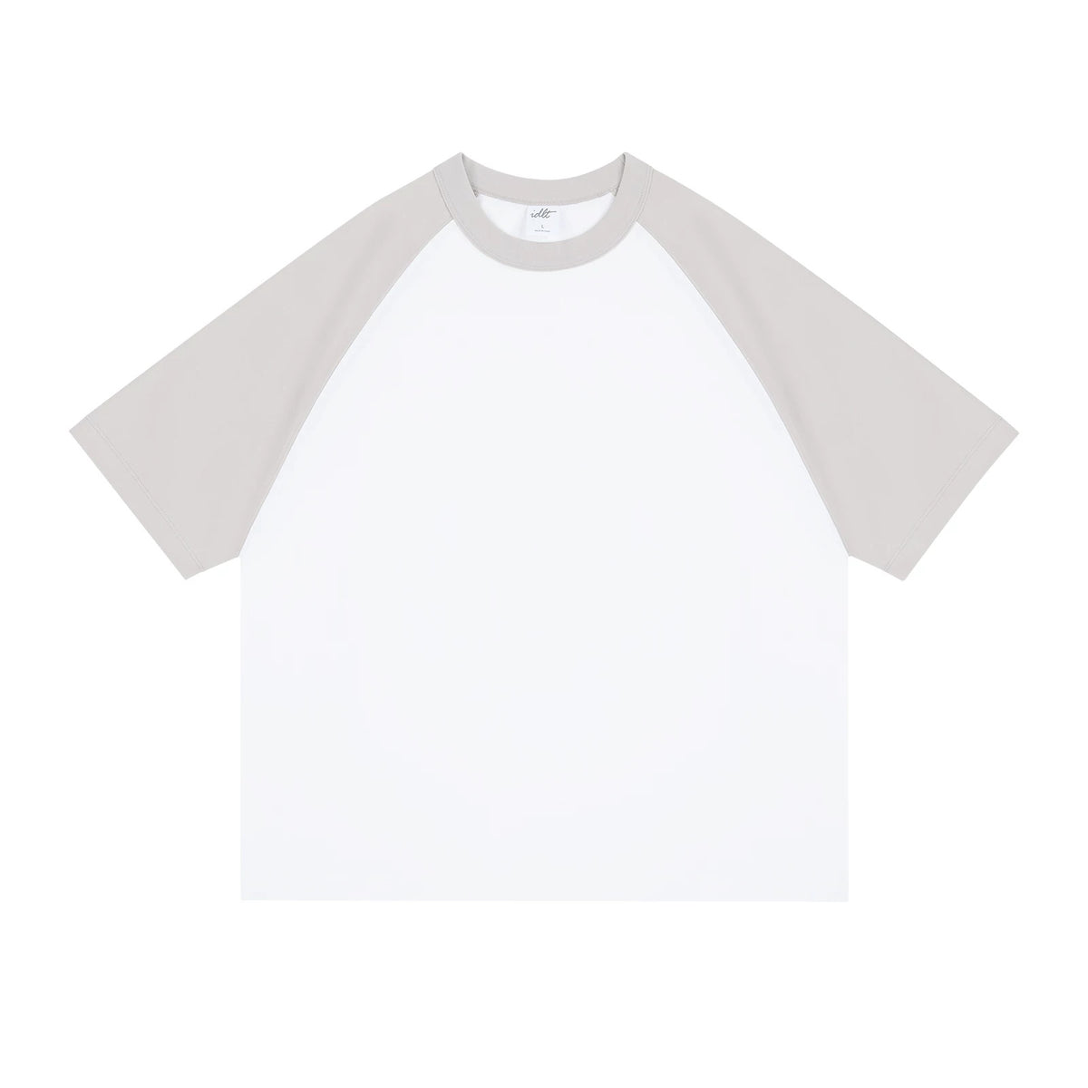IDLT raglan T-shirt, gray and white front.