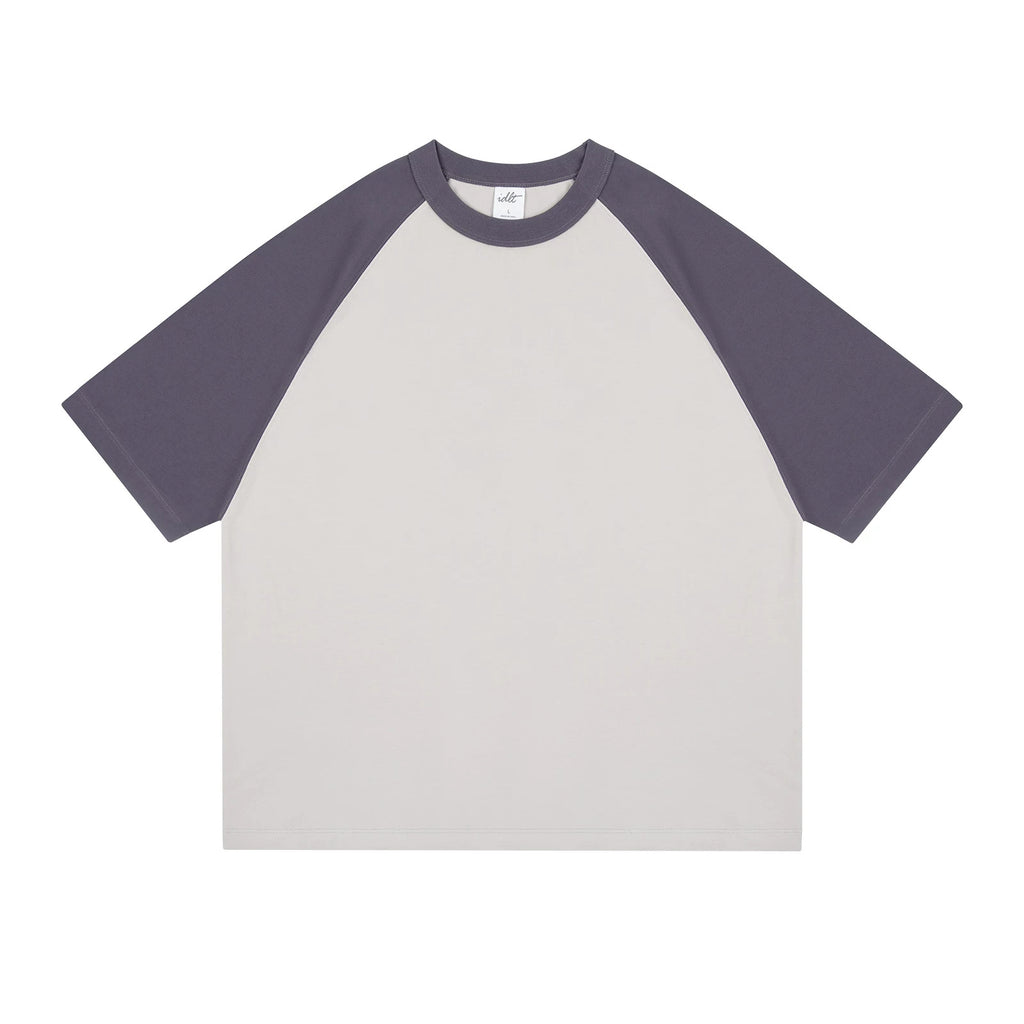 IDLT raglan T-shirt, purple and beige front.