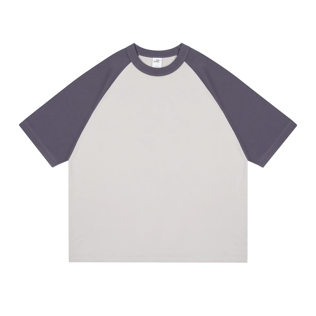 IDLT raglan T-shirt, purple and beige front.