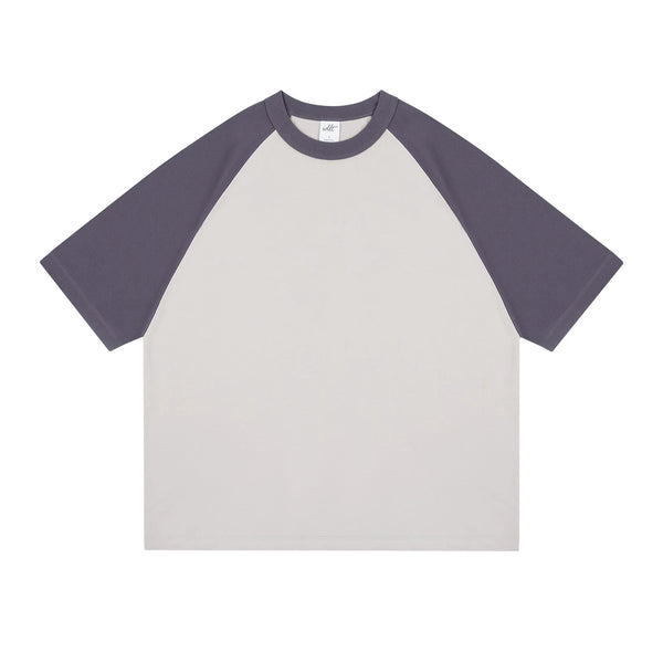 IDLT raglan T-shirt, purple and beige front.