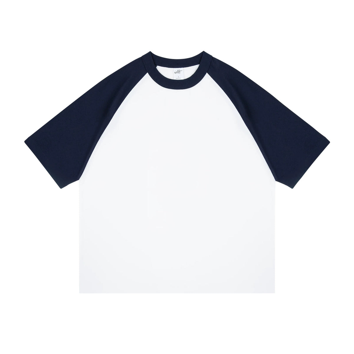 IDLT raglan T-shirt, navy and white front.