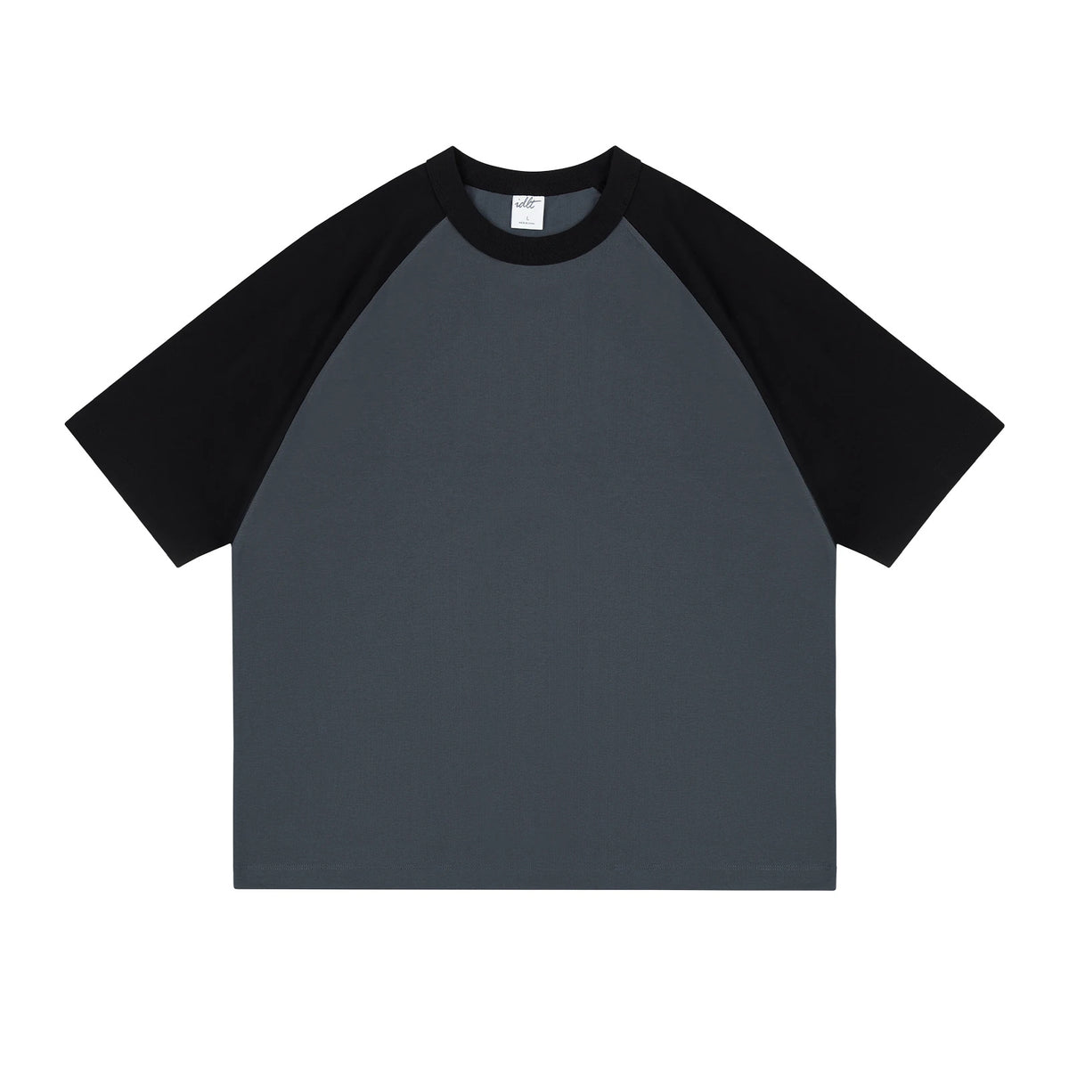 IDLT raglan T-shirt, black and dark gray front.
