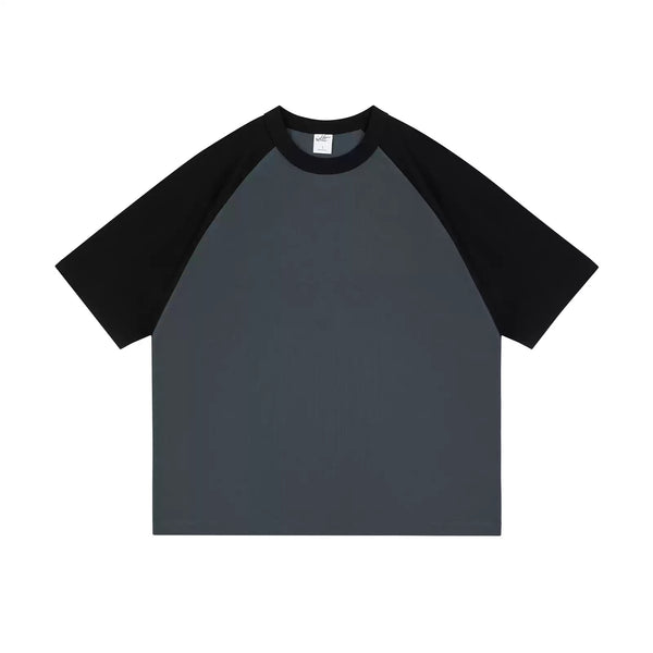 IDLT raglan T-shirt, black and dark gray laid flat.