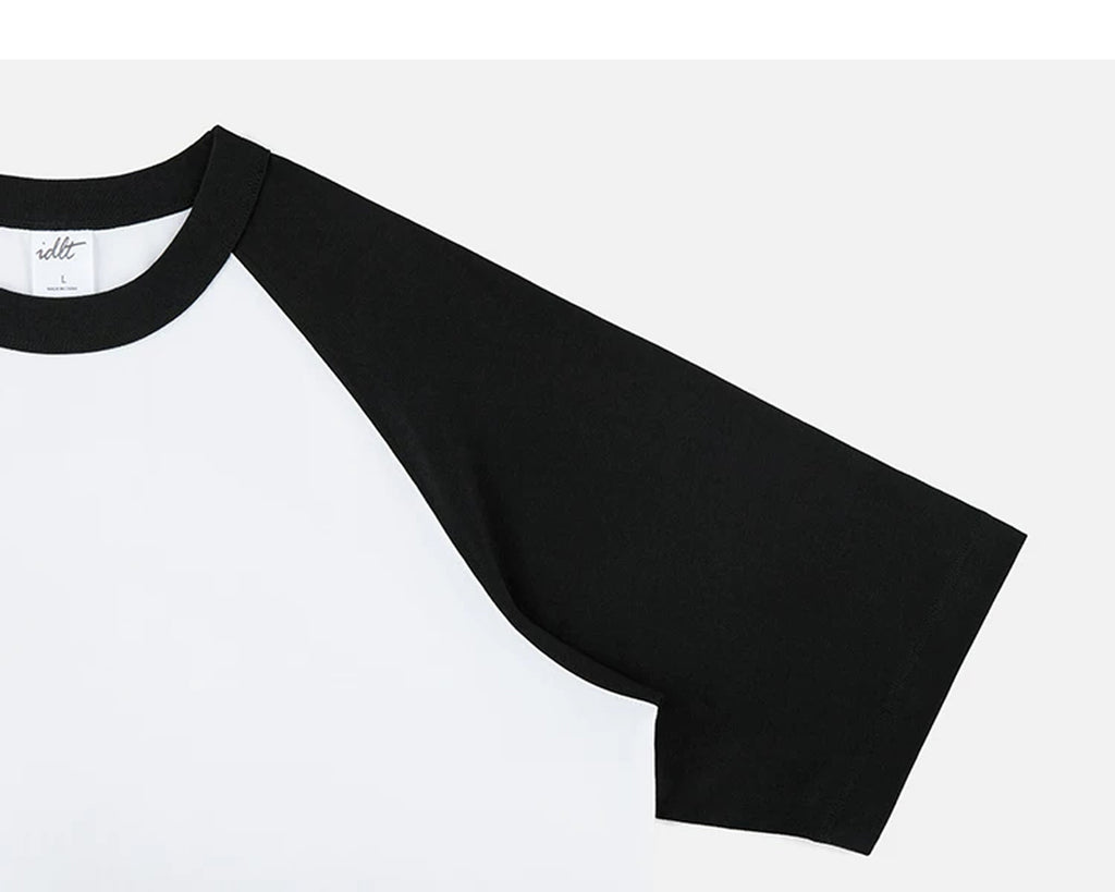 IDLT raglan T-shirt, black raglan sleeve.
