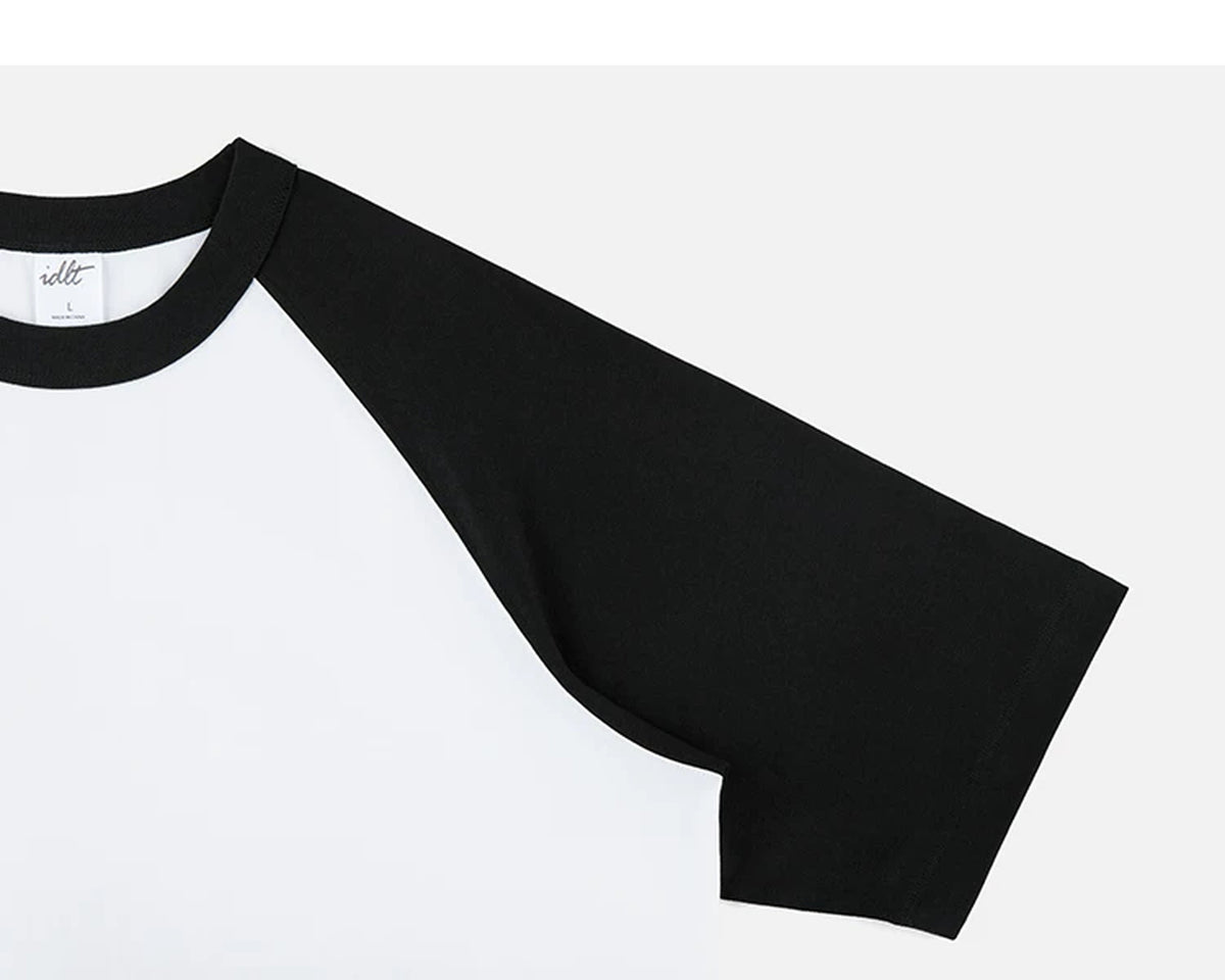 IDLT raglan T-shirt, black raglan sleeve.