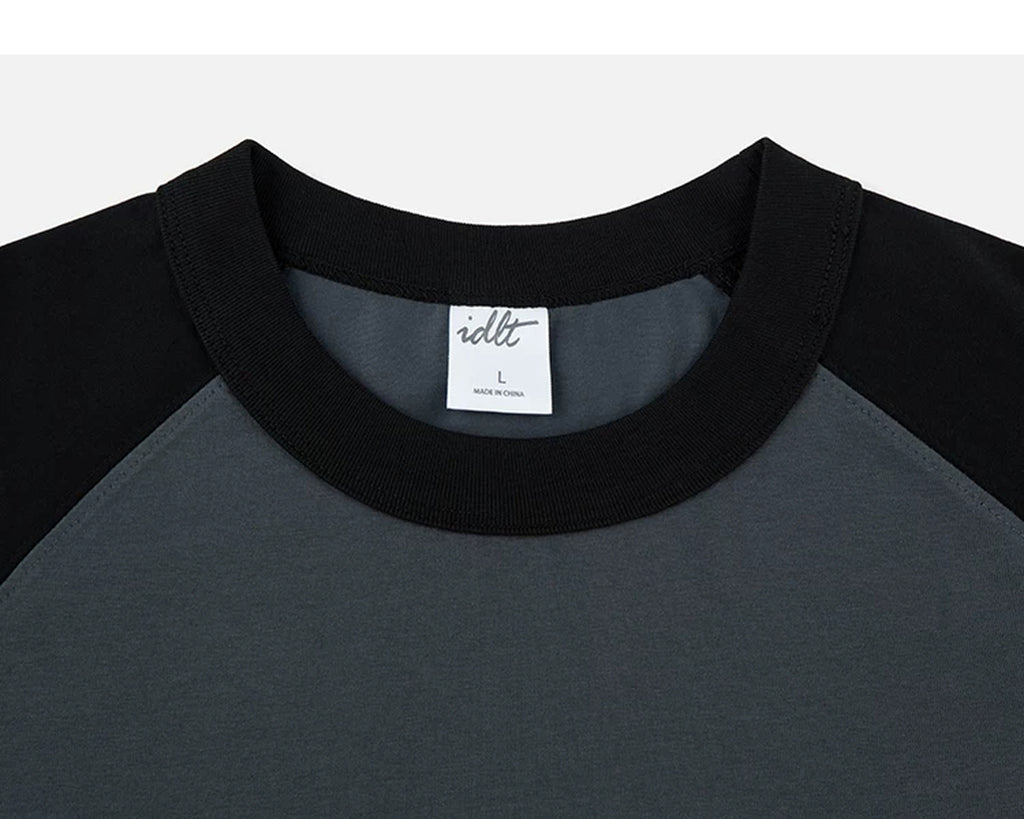 IDLT raglan T-shirt, black and dark gray crewneck.