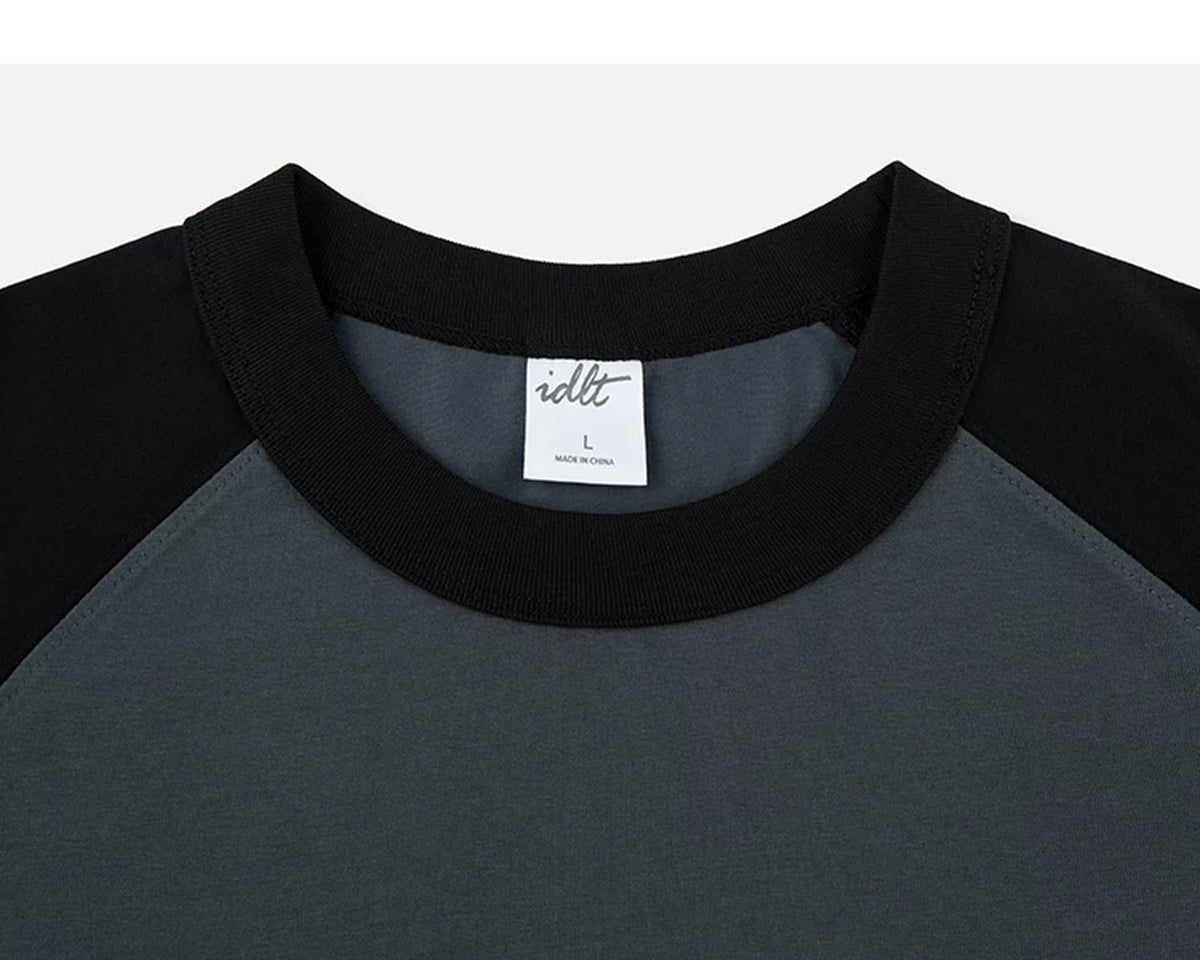 IDLT raglan T-shirt, black and dark gray crewneck.
