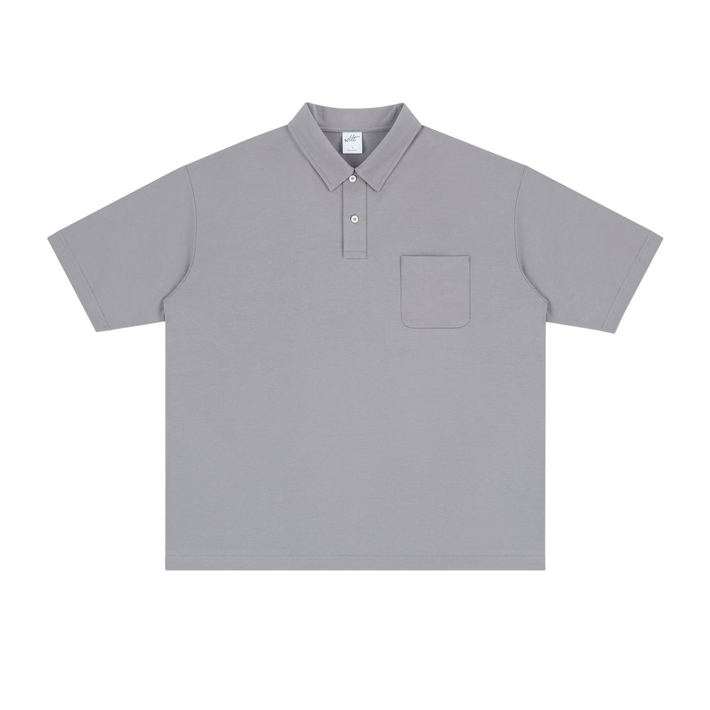IDLT polo shirt, gray front.