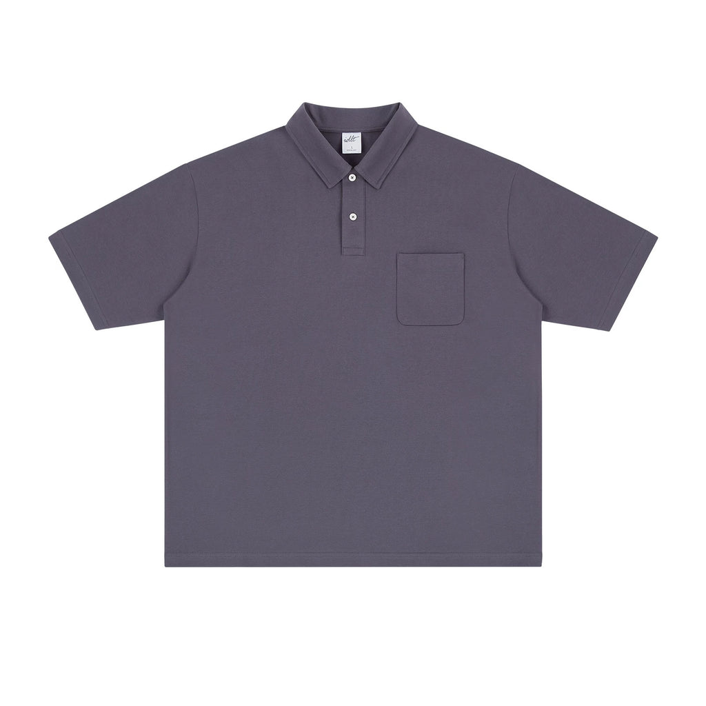 IDLT polo shirt, gray purple front.